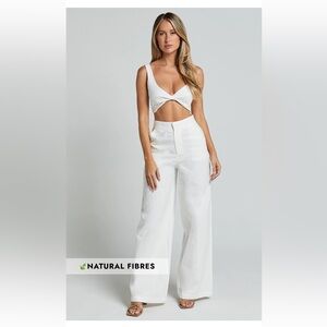 Showpo White Wide-Leg Linen Blend Pants